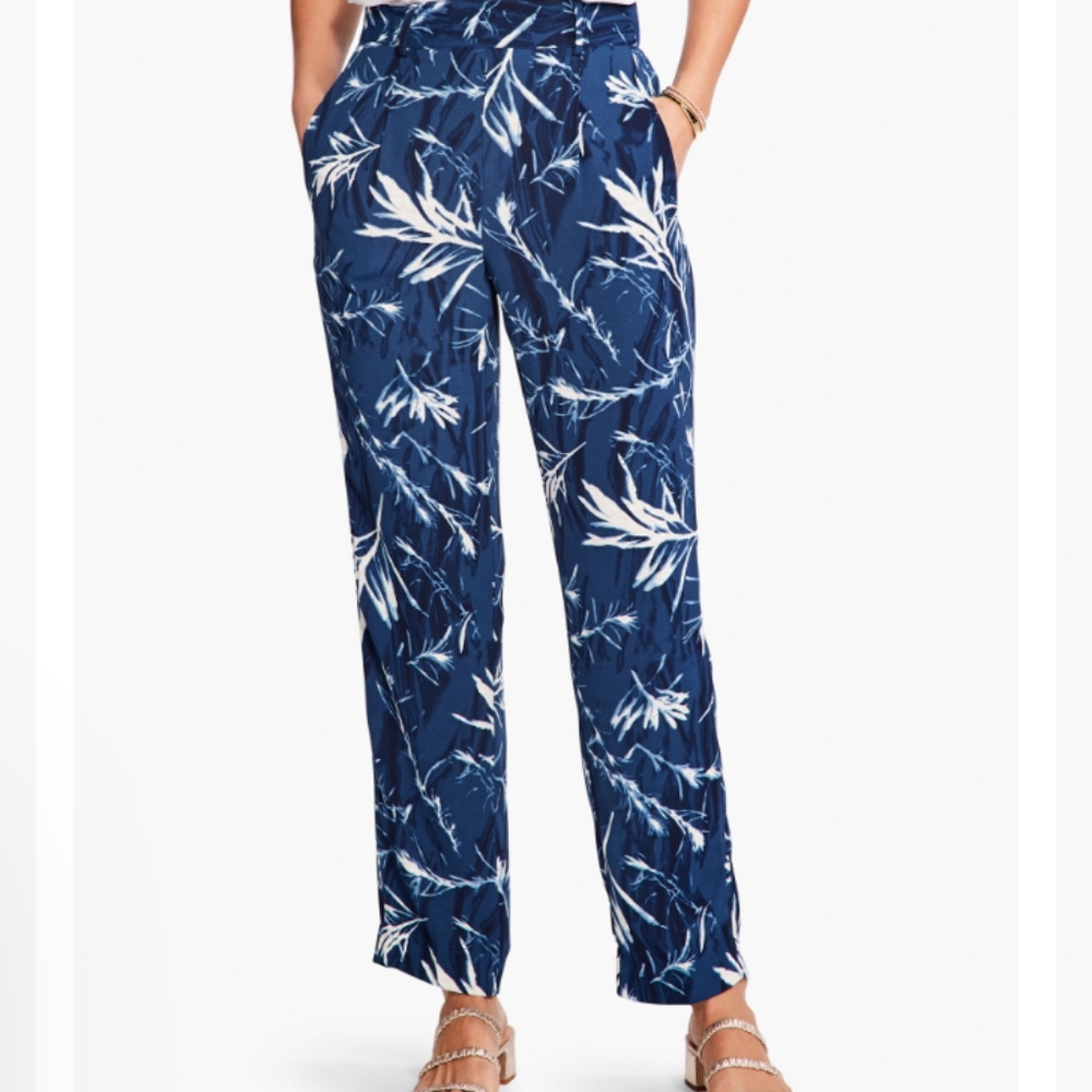 +Nic & Zoe Teal And Cream Botanical Print Relaxed Straight Leg Pants W Pockets